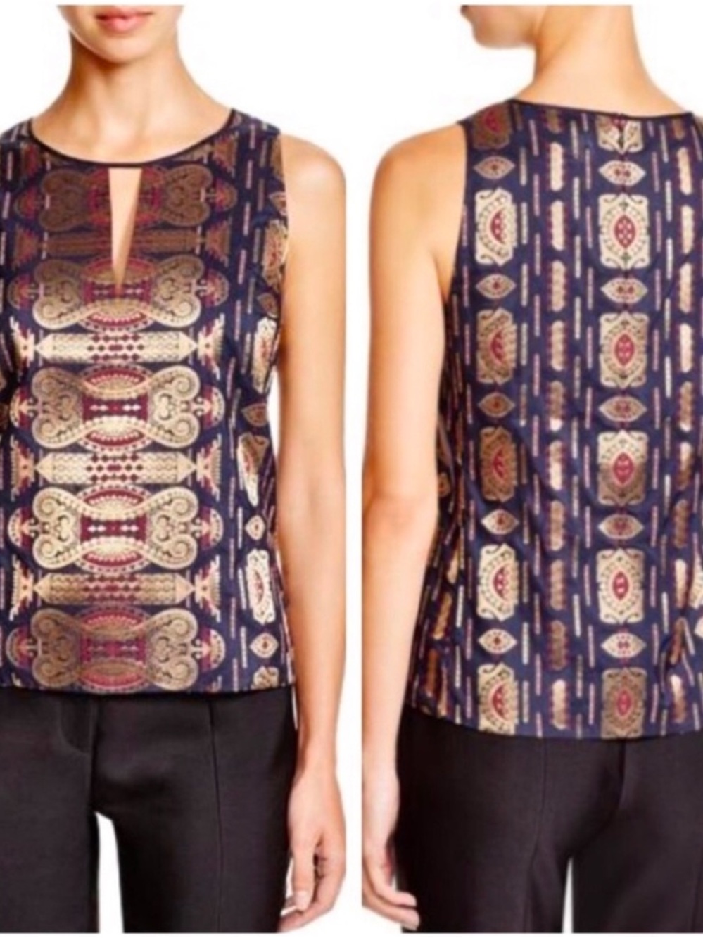 Tory Burch Silk Navy Metallic Gold & Burgundy Sleeveless Keyhole Top